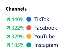 metrics showing the major social media platforms in Singapore including TikTok, Facebook, YouTube, Instagram next to each social media platform name there are number s showing how views are increasing for a business in Singapore and this shows that HiveLux was able to increase the views of a business in Singapore on social media as part of the content & narrative system service where HiveLux manages the social media accounts of businesses and brands in Singapore provides them with the best strategy and content to help them get more views and loyal followers.